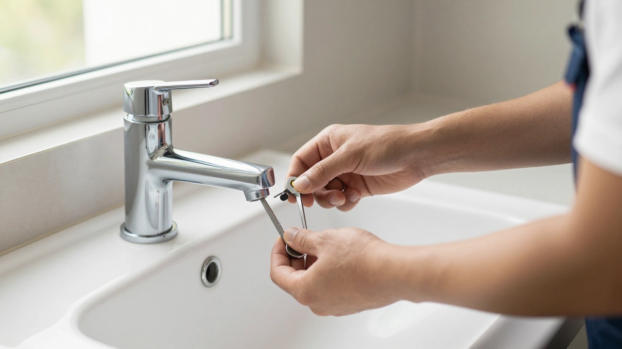 Un plombier installe un robinet neuf