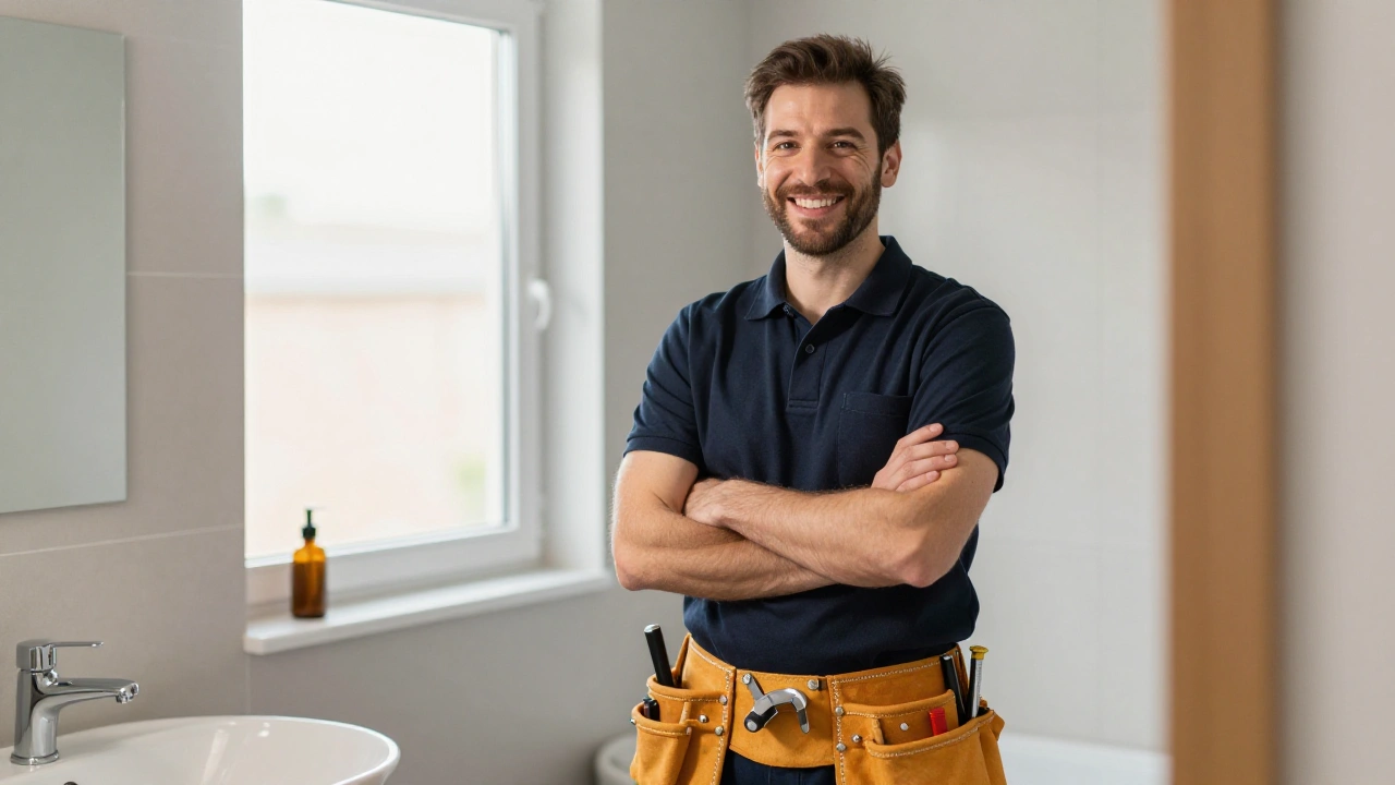 Un plombier souriant, ceinture à outils, dans une salle de bains rénovée